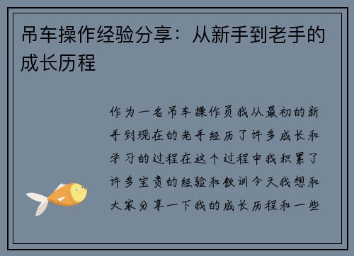 吊车操作经验分享：从新手到老手的成长历程